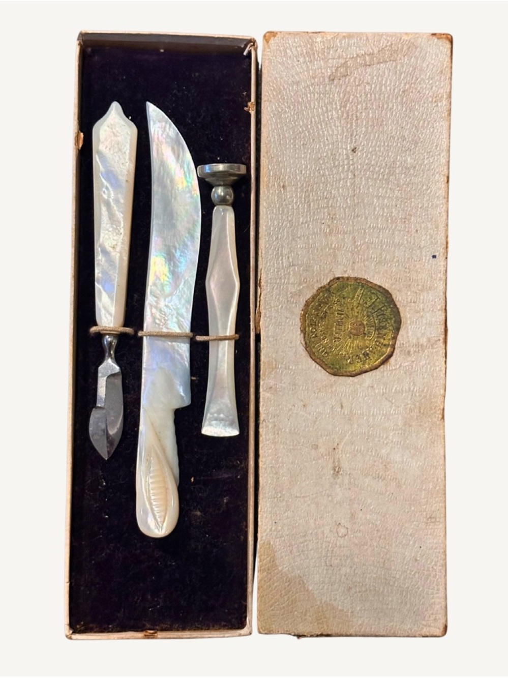 Rare Unused Antique Silver & Carved Mother of Pearl Manicure Correspondence Set